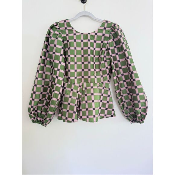 Stine Goya Gara Metallic Check Balloon Sleeve Peplum Top Green Women's Small - Picture 6 of 10